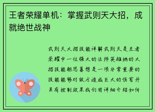王者荣耀单机：掌握武则天大招，成就绝世战神