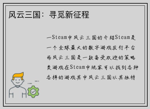 风云三国：寻觅新征程